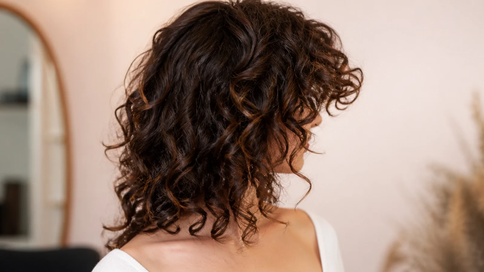 Mid length curly hair with rounded curly bangs cut dry curl by curl above the eyebrows