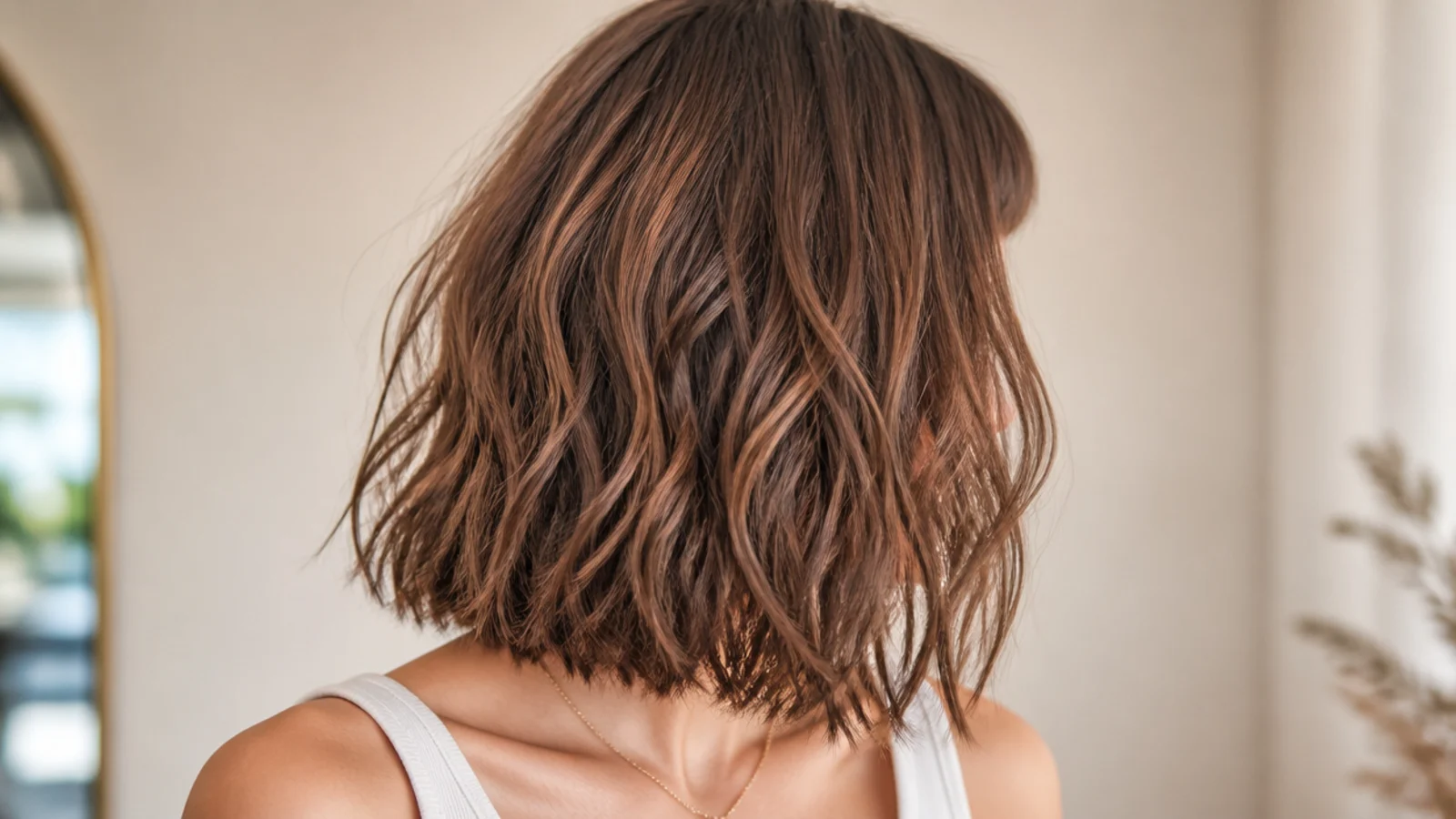 Blunt mid length lob with short baby bangs cut high above the eyebrows