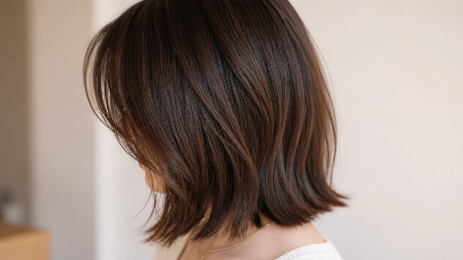 Thick coarse mid length hair with curtain bangs debulked underneath so they lie flat