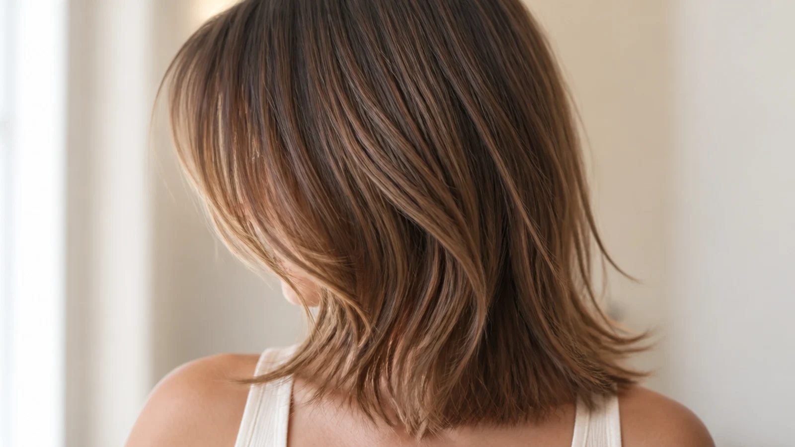 Mid length hair with wispy bangs cut longer on one side to work around a front cowlick