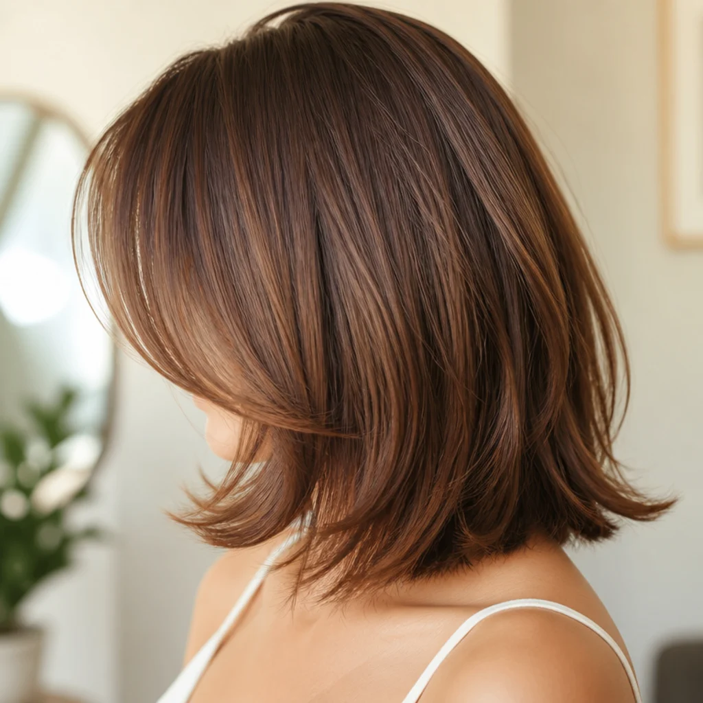Square jaw face shape with soft feathered bangs and curved face-framing layers to the jaw