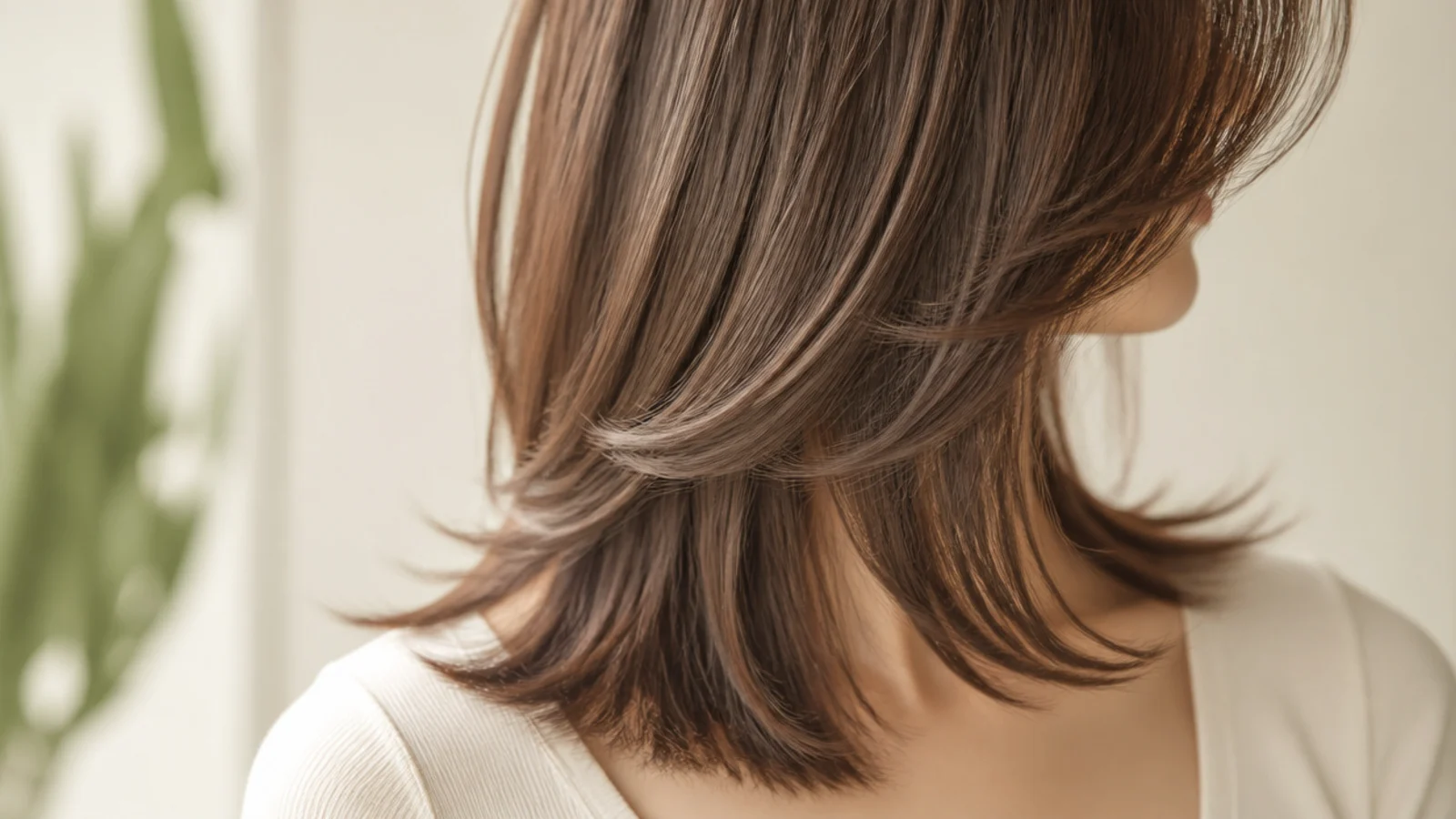 Mid length butterfly cut with short crown layers and curtain bangs framing the cheekbones