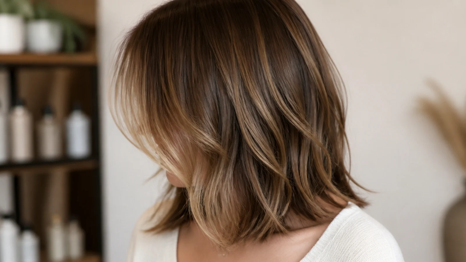 Mid length hair with grown-out bangs blended into long face-framing layers at the chin