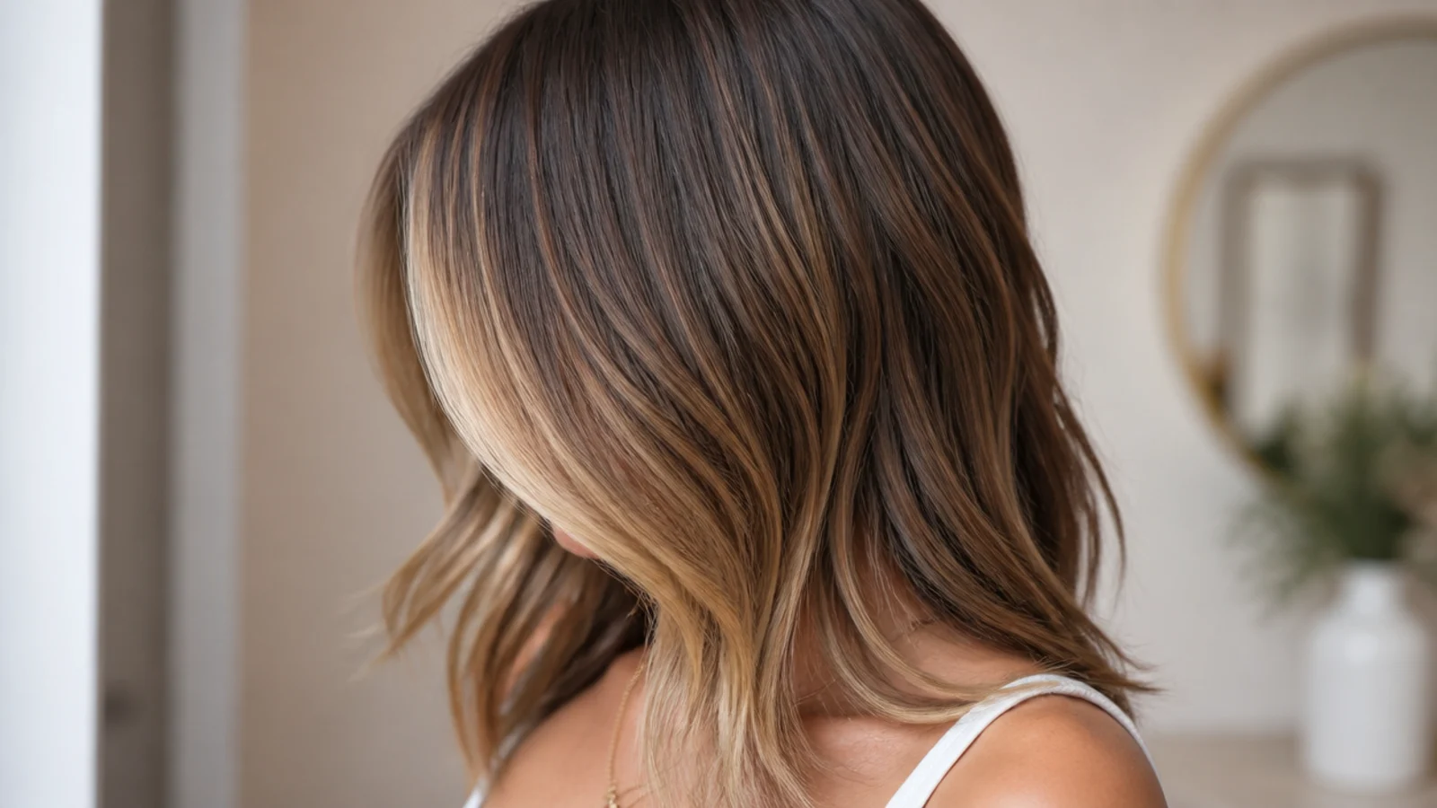 Mid length hair with a lightened money piece framing the face instead of cut bangs