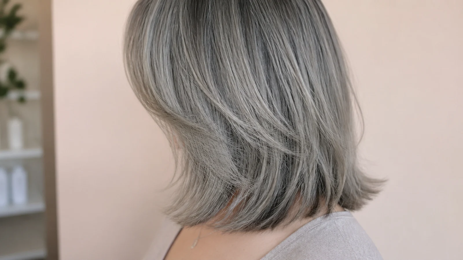Silver gray mid length hair with soft curtain bangs and long invisible layers