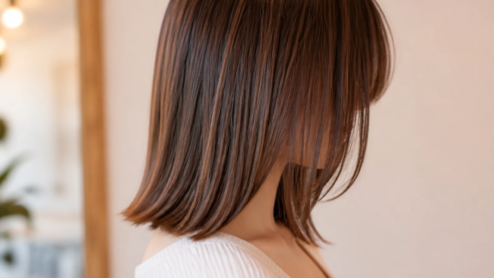 Sleek straight mid length hair with a full fringe cut just below the eyebrows