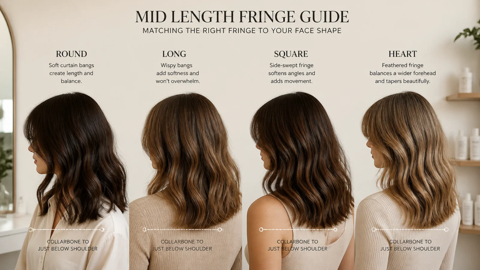 Round, long, square and heart face shapes each paired with a different mid length fringe