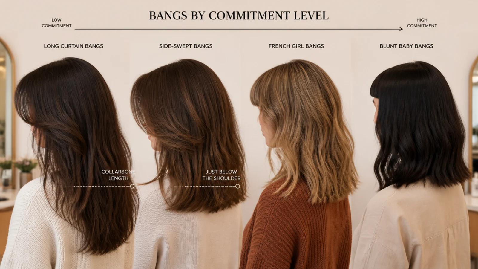 Four bang types compared from long curtain bangs to blunt baby bangs by commitment level