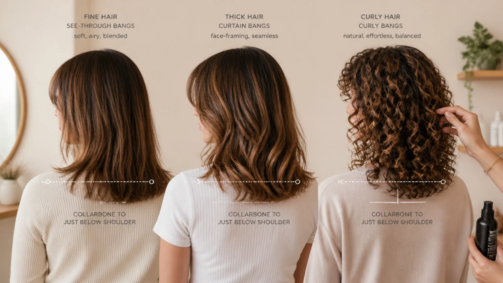 Fine, thick and curly mid length hair each shown with the fringe type that suits it