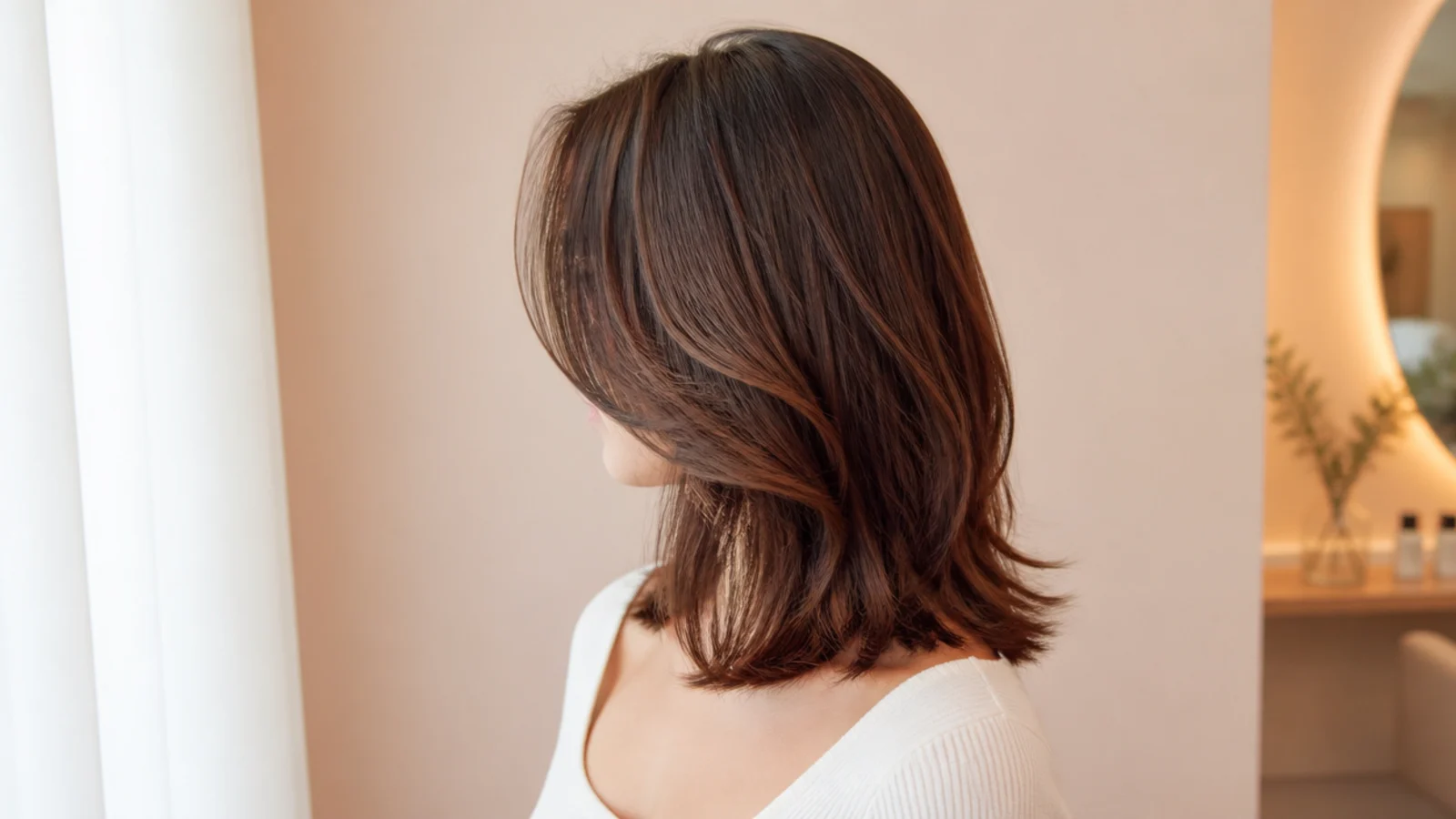 Collarbone length haircut with curtain bangs parted in the center and long invisible layers