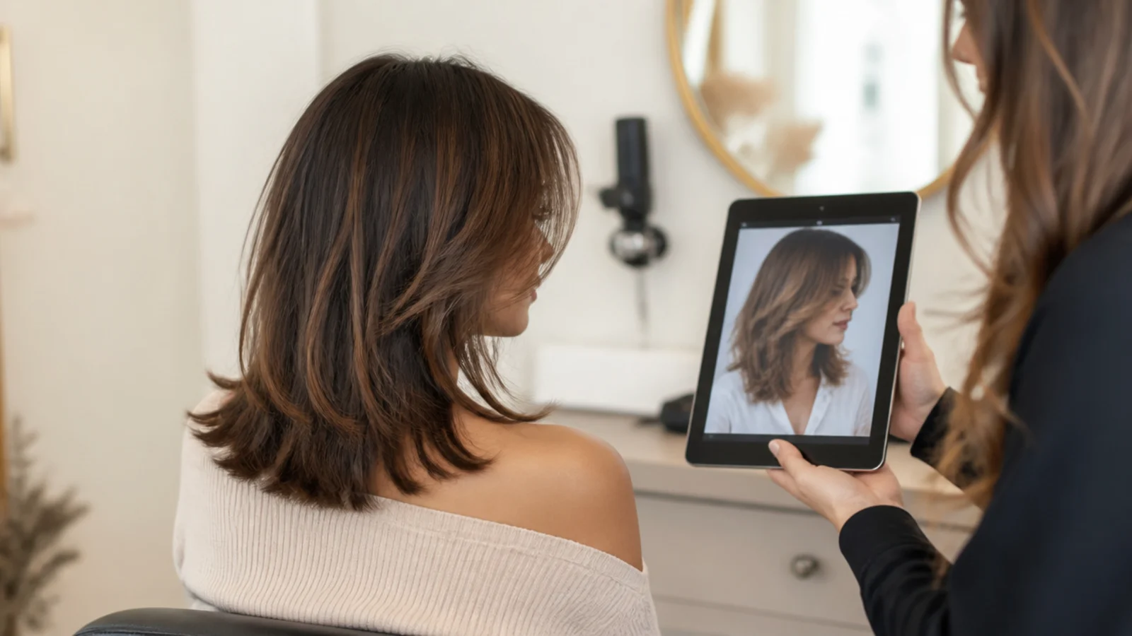 Client showing a stylist a photo of a collarbone haircut with curtain bangs at the mirror