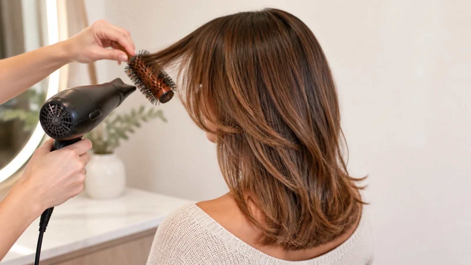 Round brush blow-drying curtain bangs on mid length hair to set the sweep away from the face