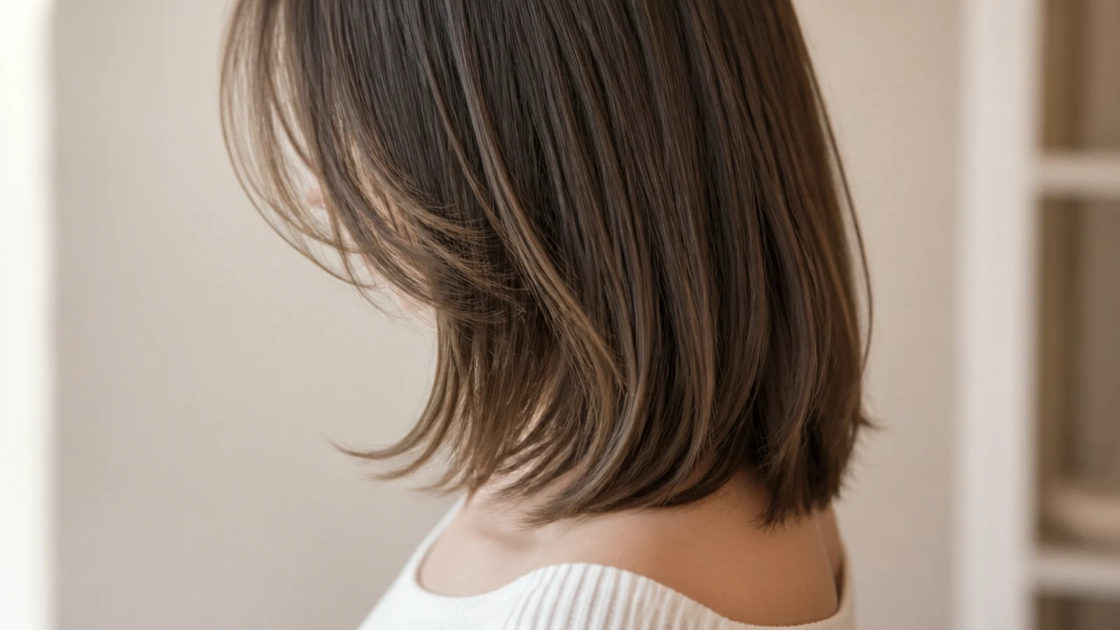 Fine straight hair cut in a soft U shape at collarbone length with rounded perimeter