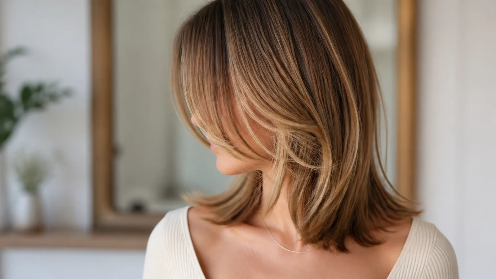 Collarbone length fine hair with curtain bangs parted in the middle and cheekbone length center