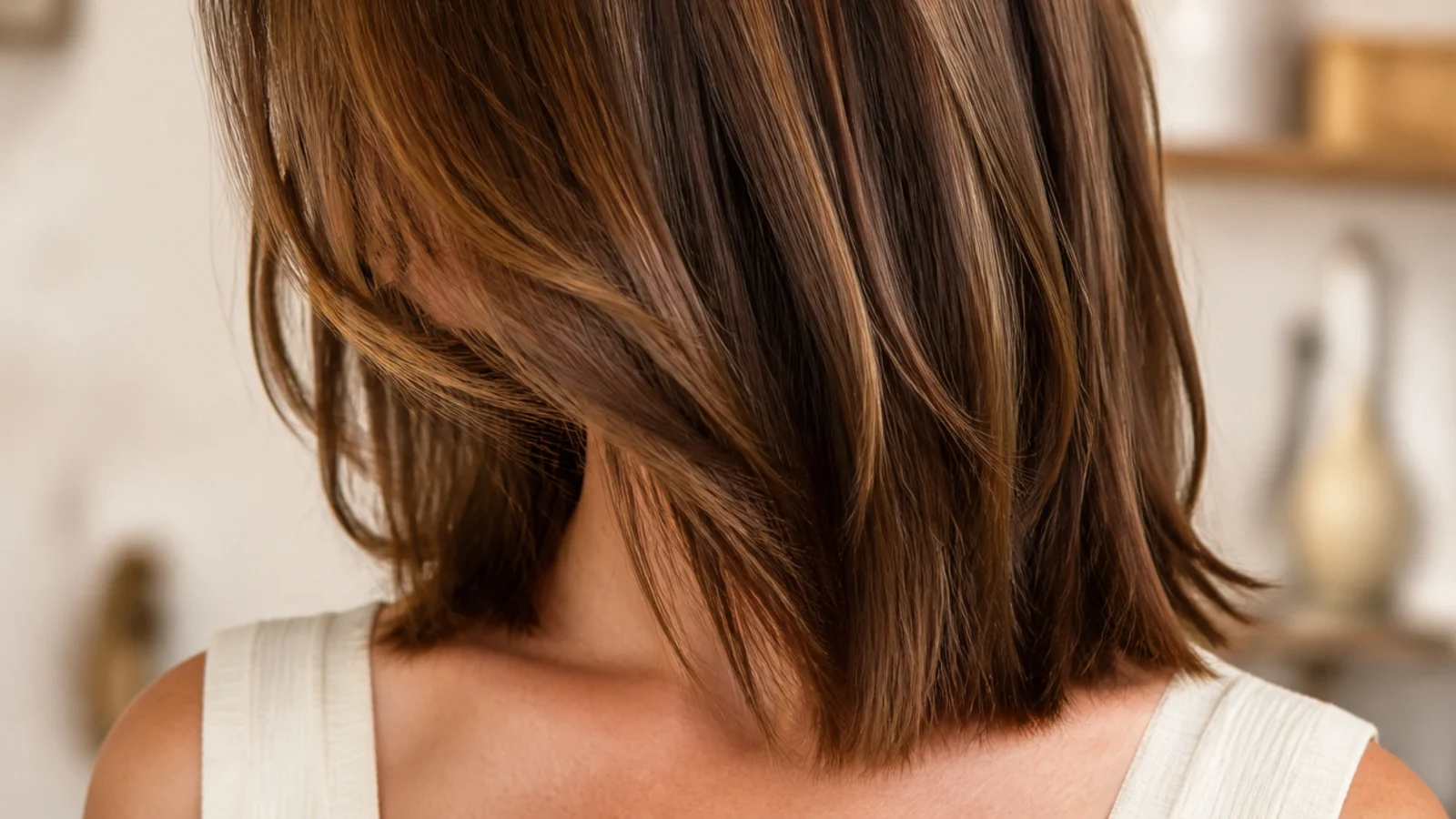 Fine hair cut one length at the collarbone with one hidden interior layer for movement