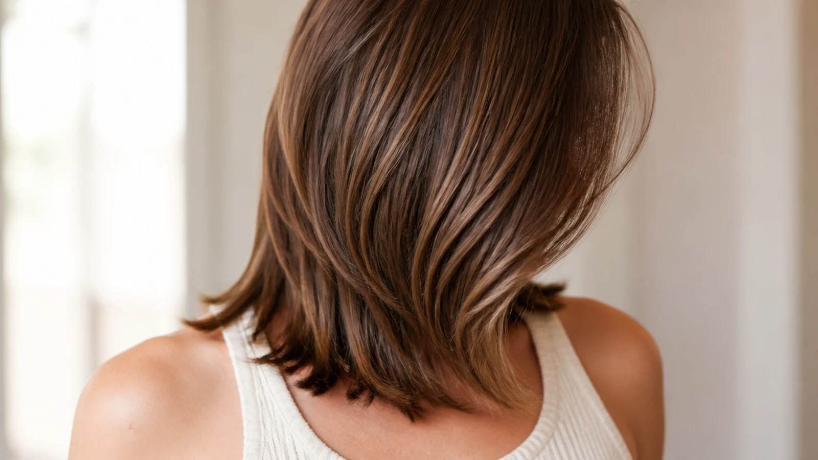 Fine hair at collarbone length with slightly rounded ends and vertical face-framing on a round face