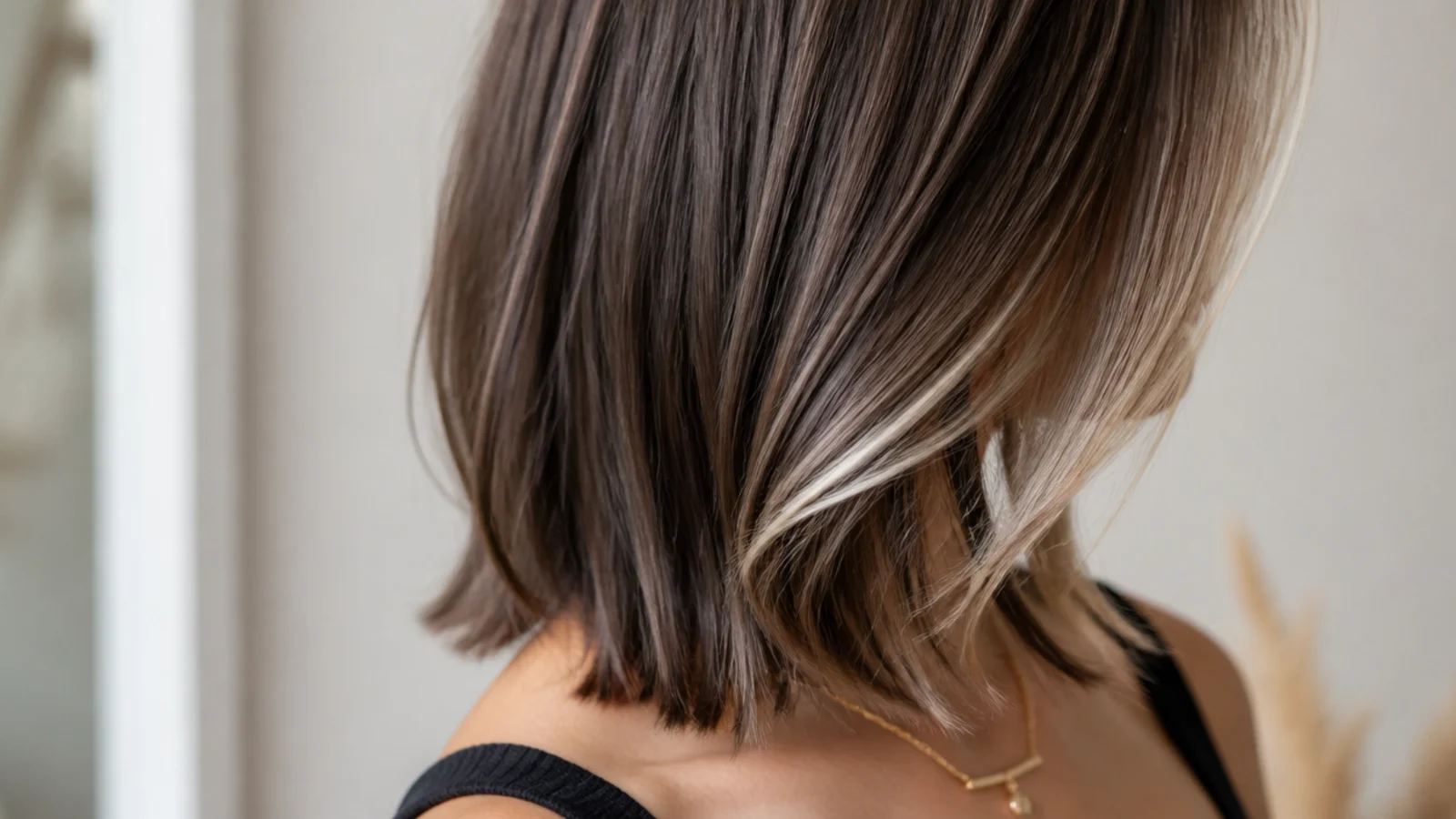 Blunt collarbone cut on fine hair with two lightened money piece strands at the front