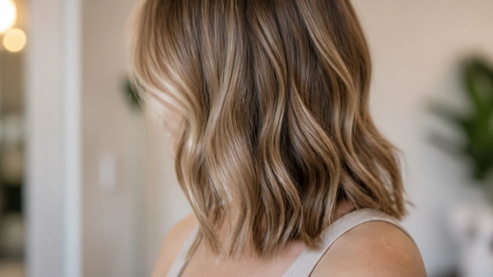 Fine wavy hair at collarbone length with two long layers letting the wave pattern form