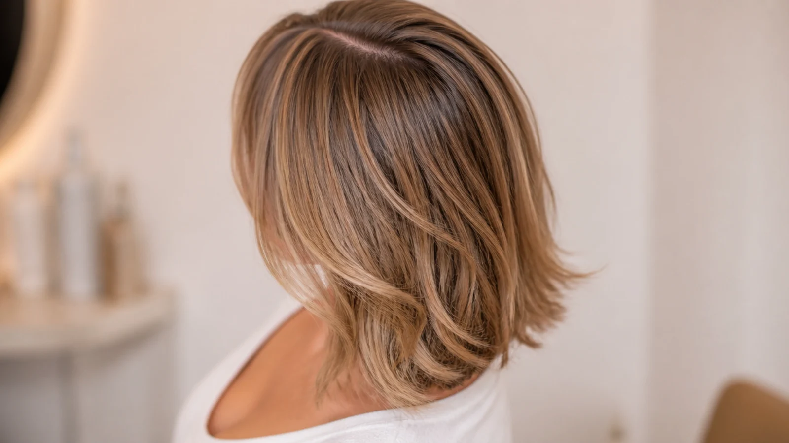 Collarbone length fine hair cut with a zigzag part to disguise thinning along the parting