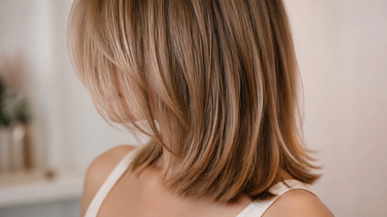 Fine hair cut just below the shoulder with lightly feathered point-cut ends