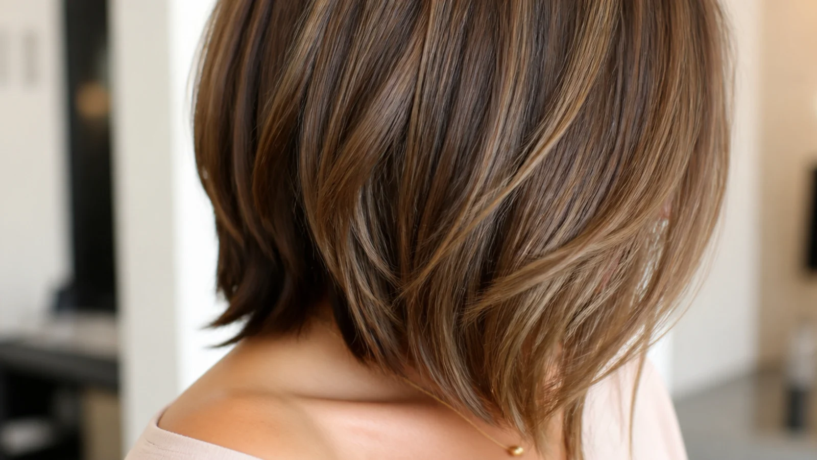 A-line mid length cut on fine hair, shorter at the back and longer toward the front