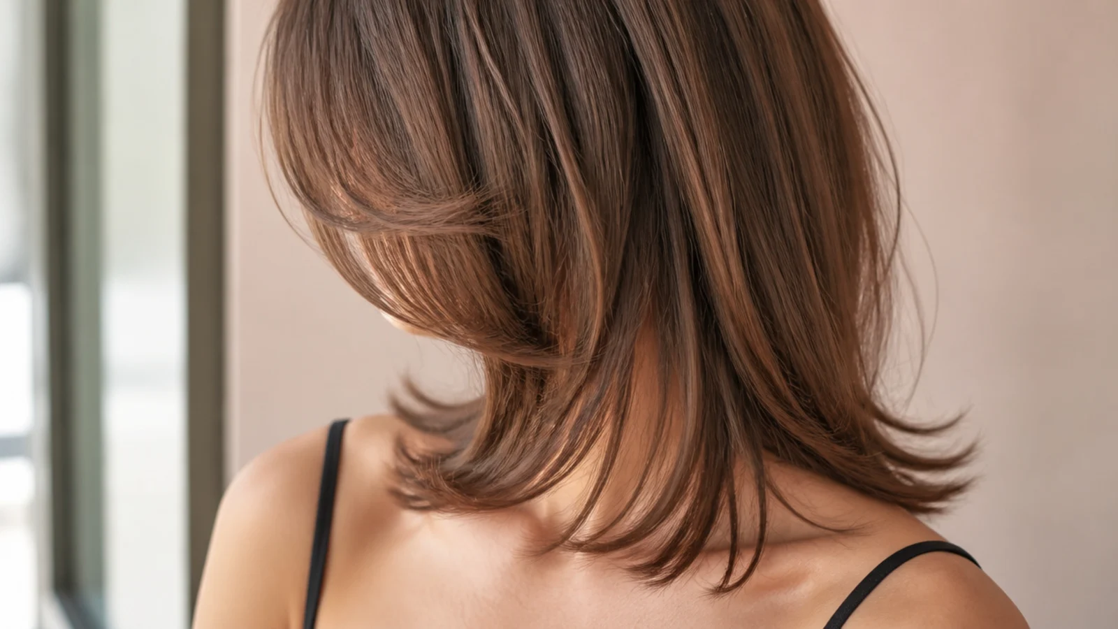Fine collarbone length hair with wispy bottleneck bangs narrow in the center and flared at the sides