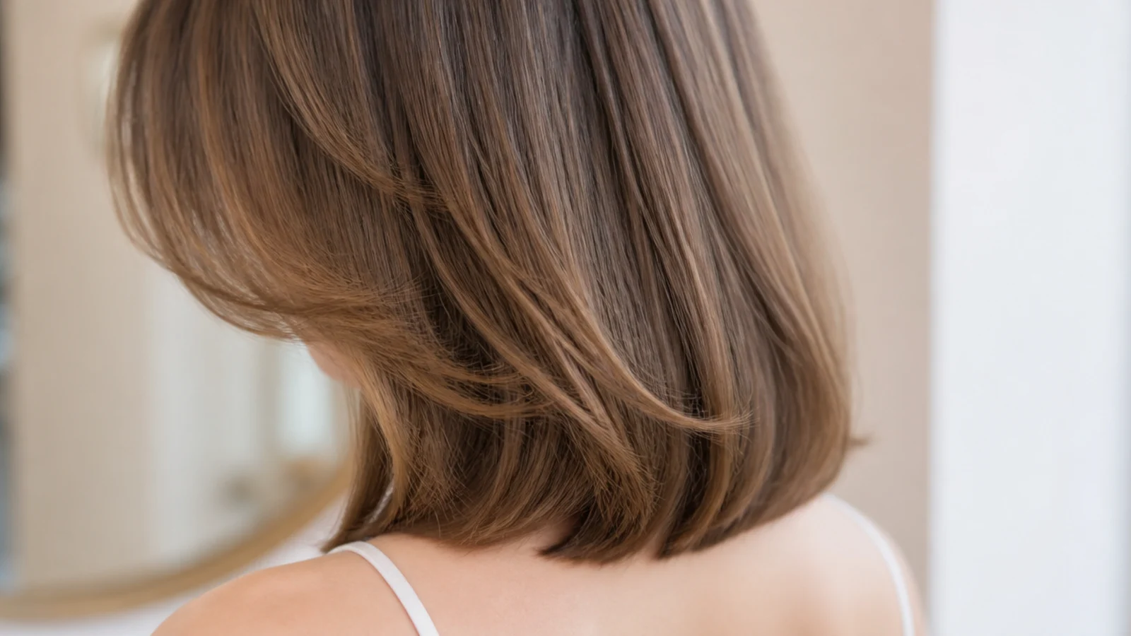 Blunt collarbone lob on fine hair finished with a round brush blowout and bent ends