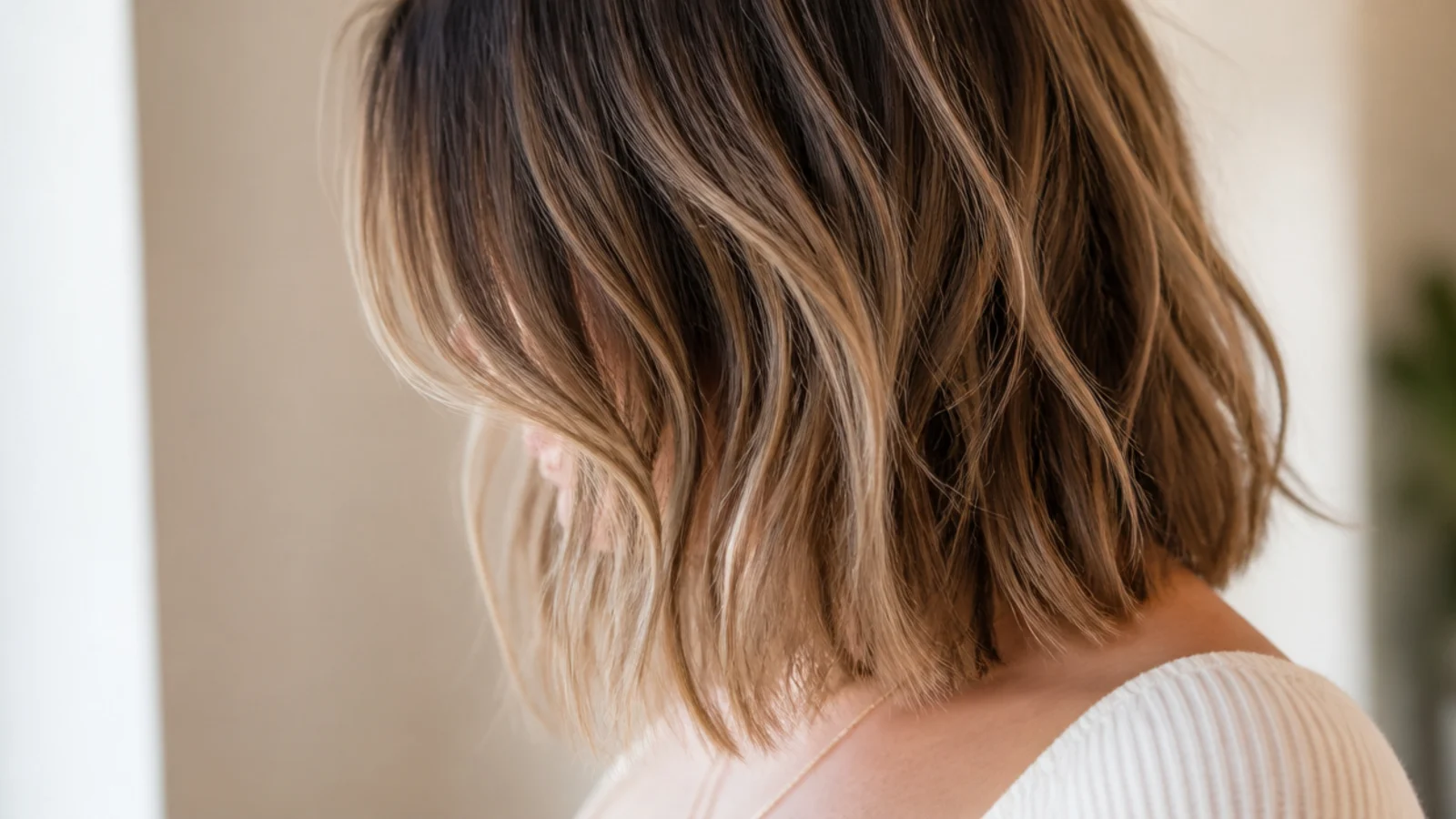 Fine hair textured lob at collarbone length with softly point cut ends and lived-in movement