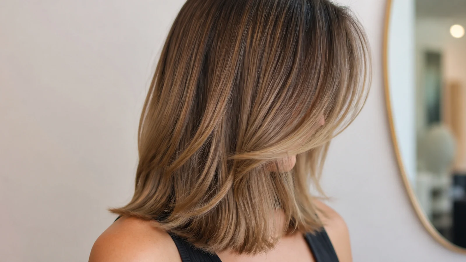 Fine mid length hair with side swept bangs falling from a deep part across the forehead