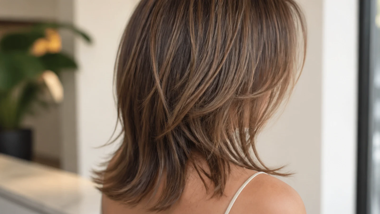 Soft shag on fine mid length hair with layers kept below the cheekbone and a dense perimeter