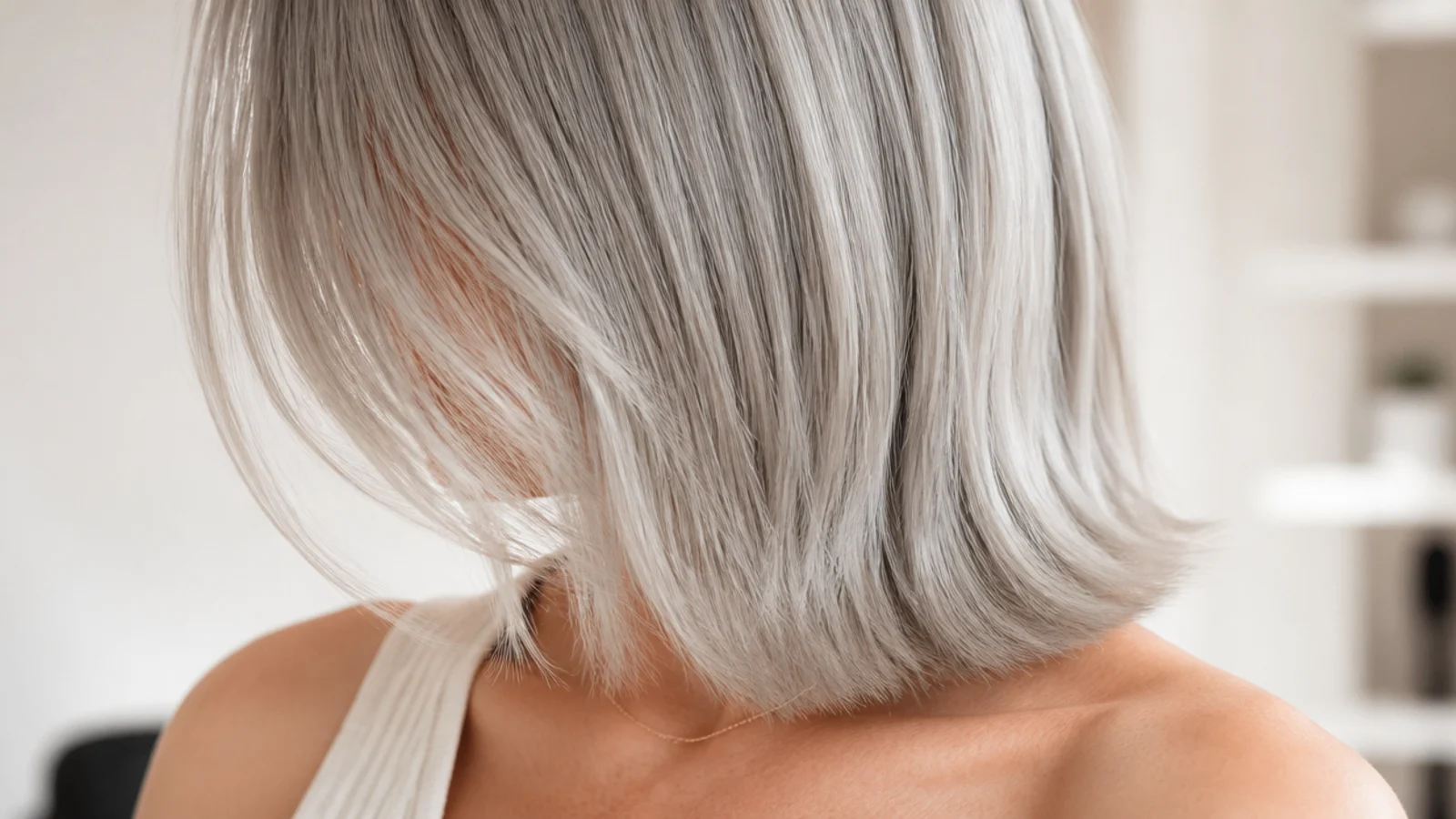 Silver gray fine hair cut blunt at collarbone length with soft face-framing at the jaw