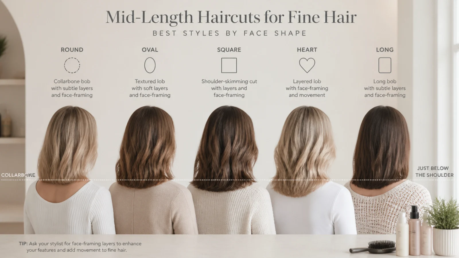 Round, oval, square, heart and long face shapes matched to mid length haircuts for fine hair