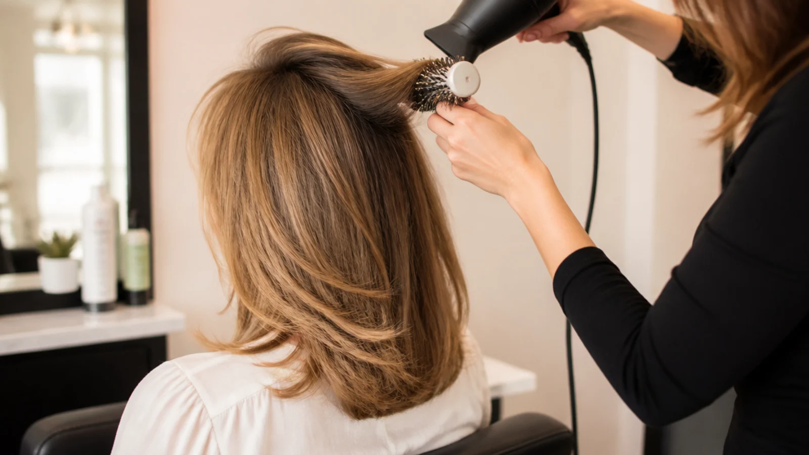 Styling fine mid length hair with mousse at the roots and a round brush blowout for volume