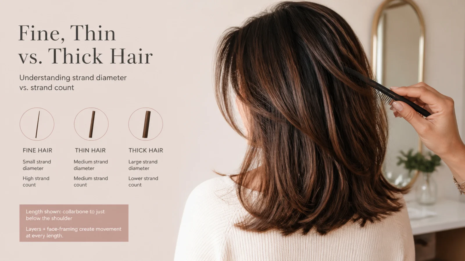 Comparison of fine, thin and thick hair strands showing strand diameter versus strand count
