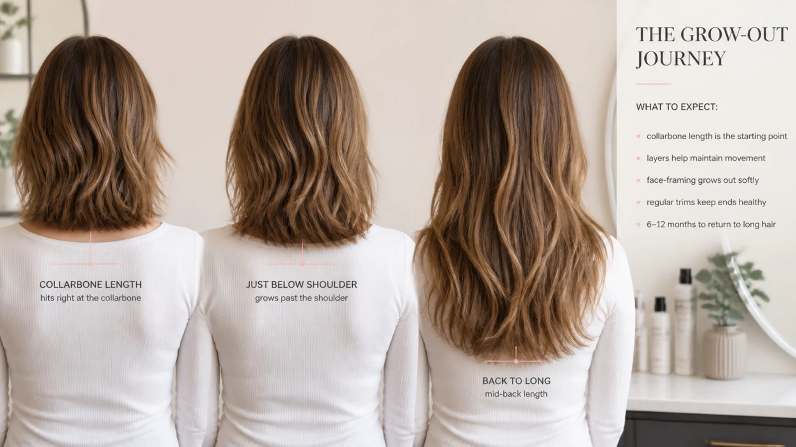 Grow-out stages of a fine mid length haircut from collarbone length back to long hair