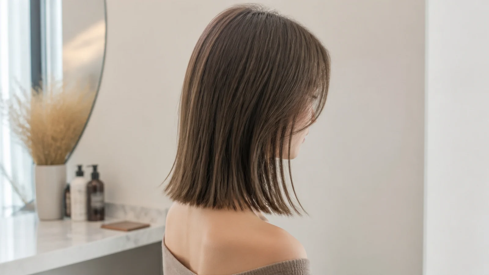 Collarbone length blunt haircut on fine straight hair with long invisible layers and face-framing at the jaw