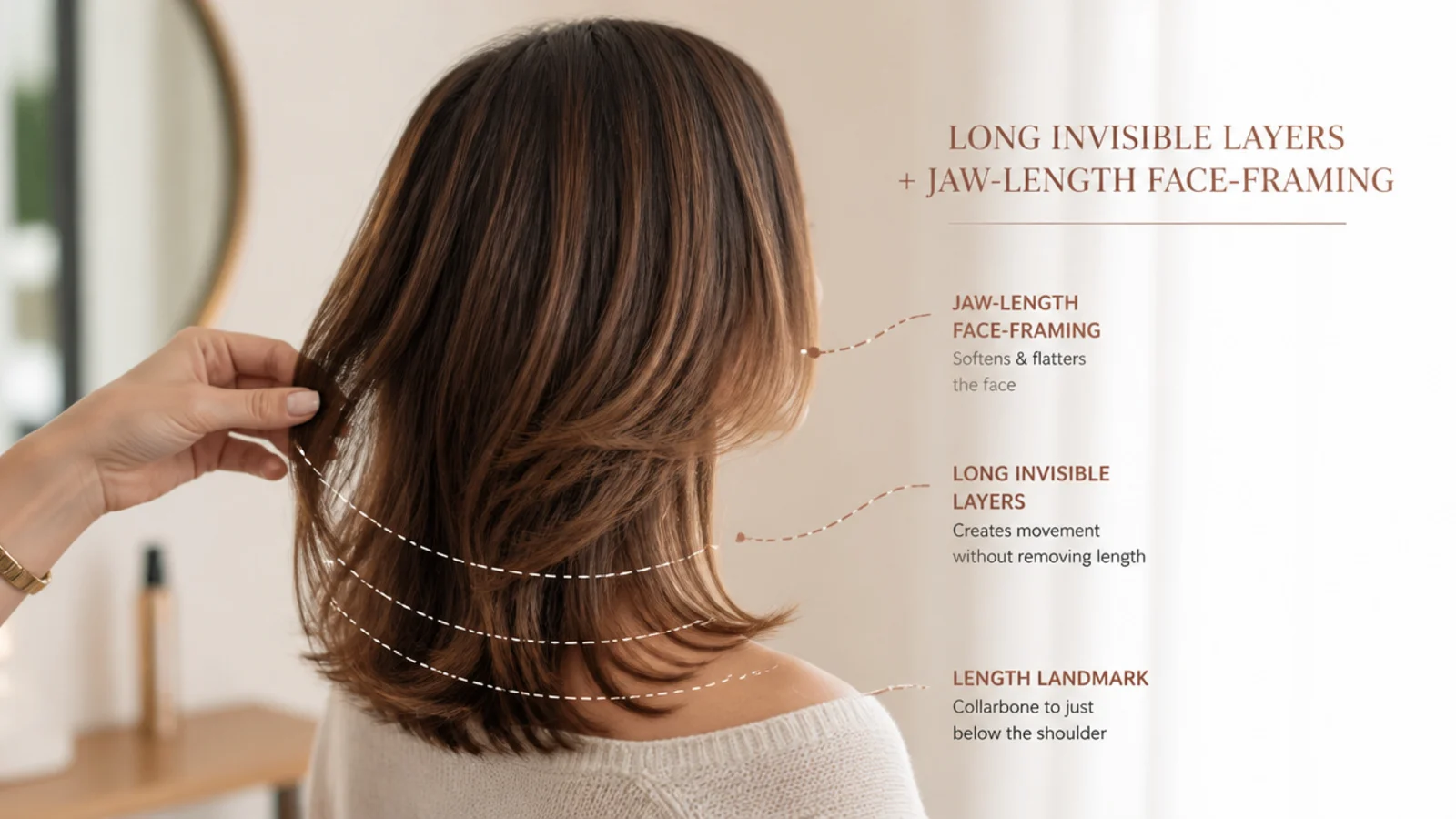 Diagram of long invisible layers and jaw-length face-framing on a fine mid length haircut
