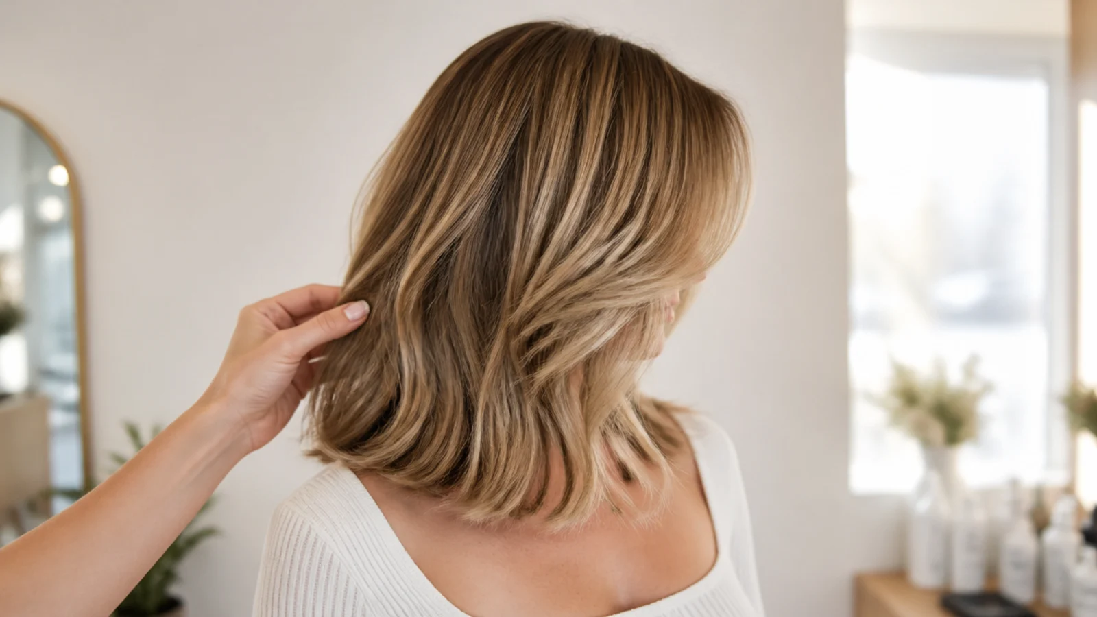 Length reference showing mid length hair falling between the collarbone and just below the shoulder