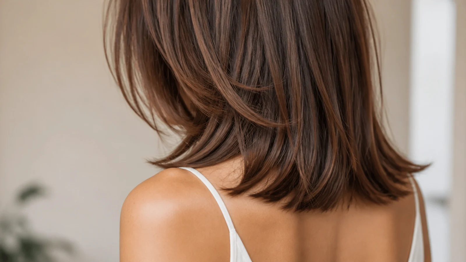Collarbone length brown hair with long invisible layers and a soft blunt-looking perimeter