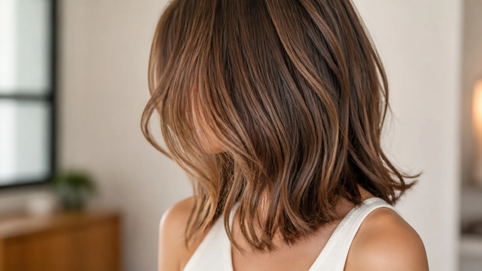 Mid length haircut with face-framing layers starting at the jawline over collarbone length hair
