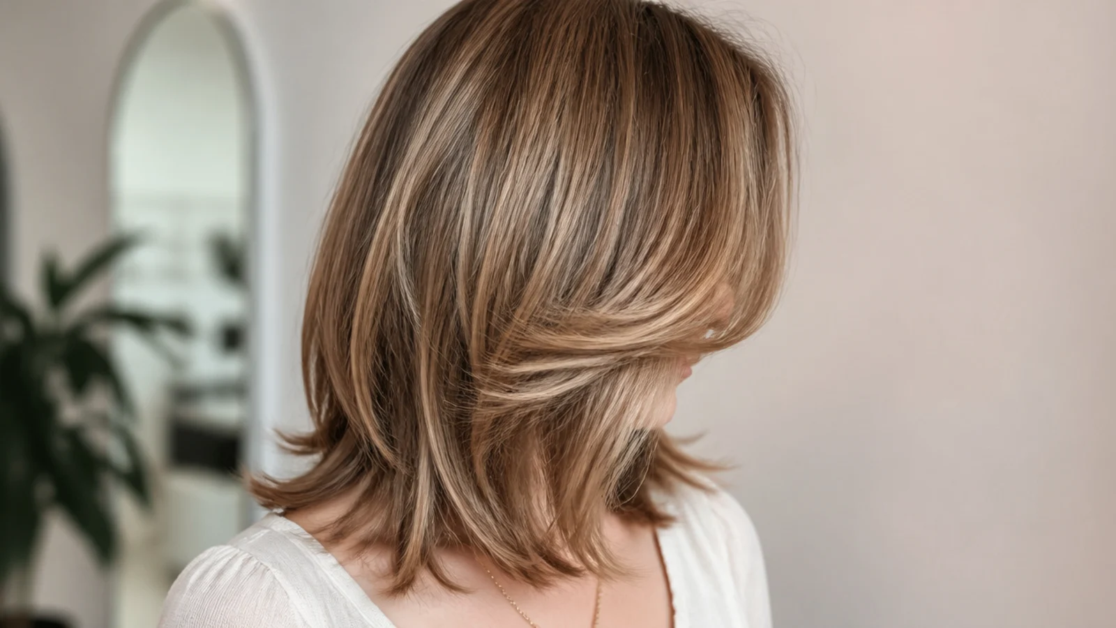 Mid length layered haircut with curtain bangs parted in the center and blended into face-framing layers