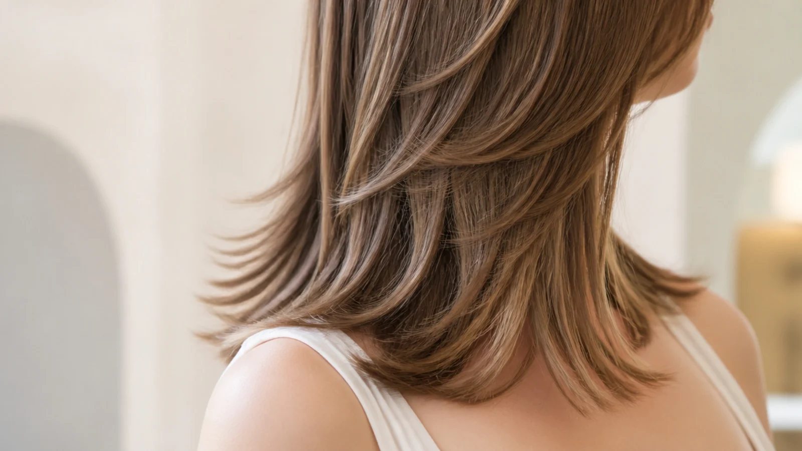 Mid length butterfly cut with short collarbone-illusion top layers over longer bottom length