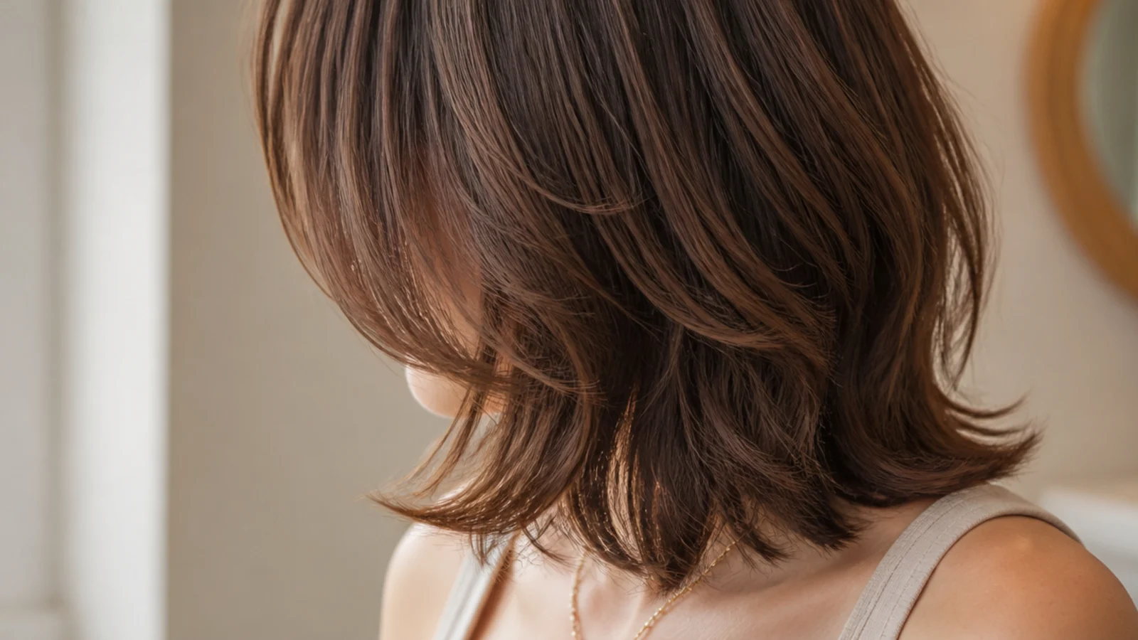 Shoulder length hush cut with soft airy layers and a curtain fringe framing the face
