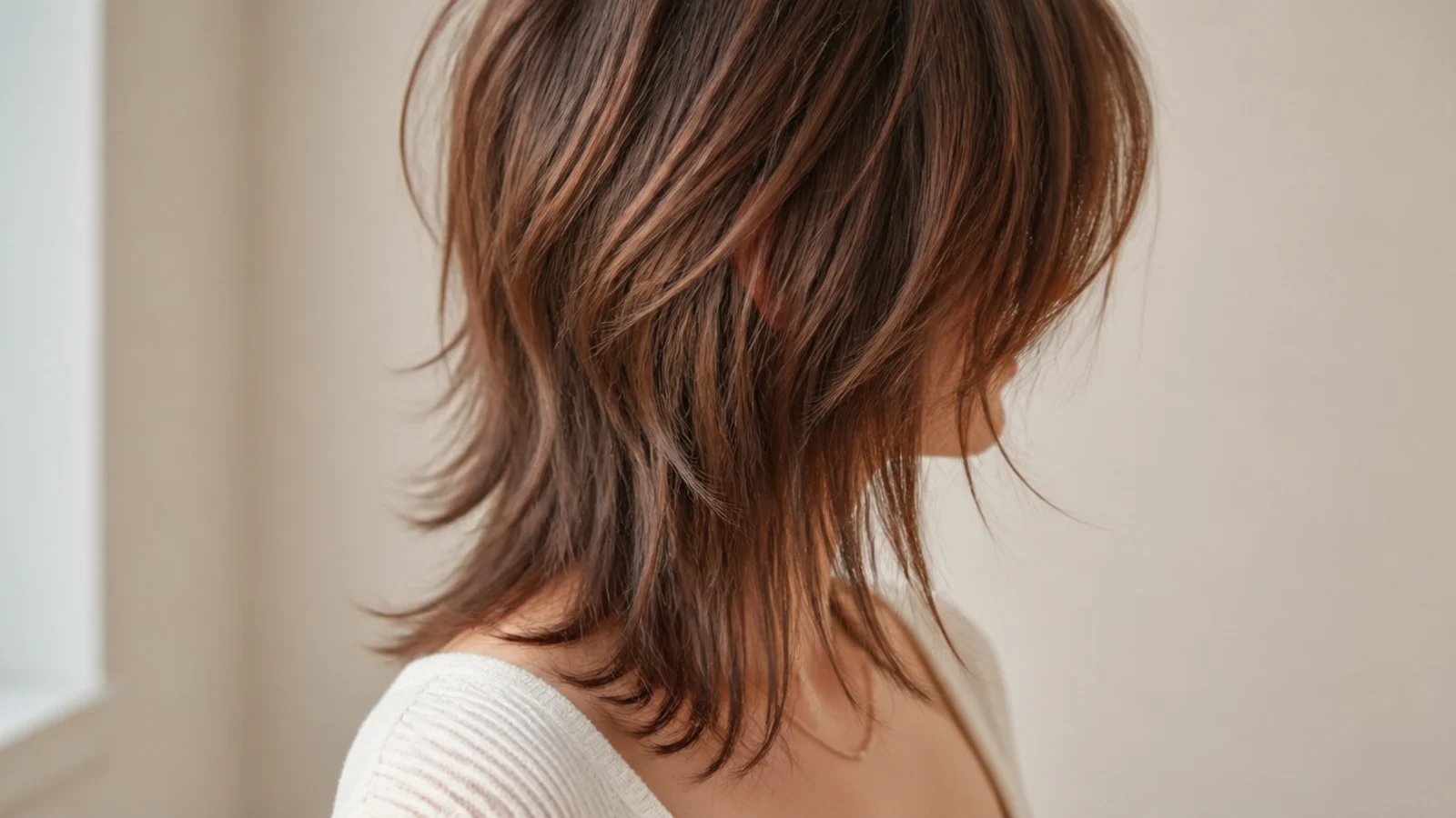 Mid length wolf cut with heavy choppy crown layers and thin wispy ends