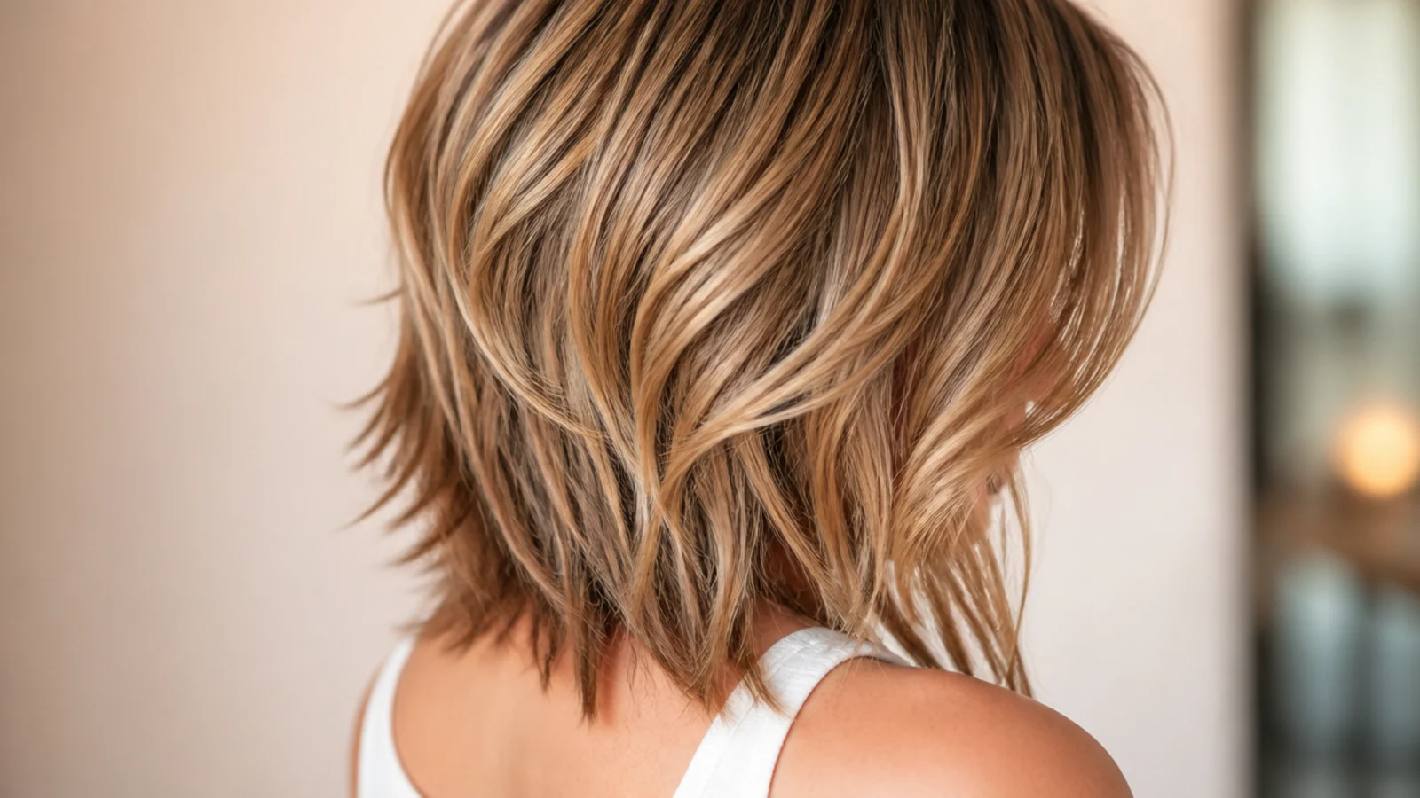 Collarbone length modern shag with stacked crown layers and piecey textured ends