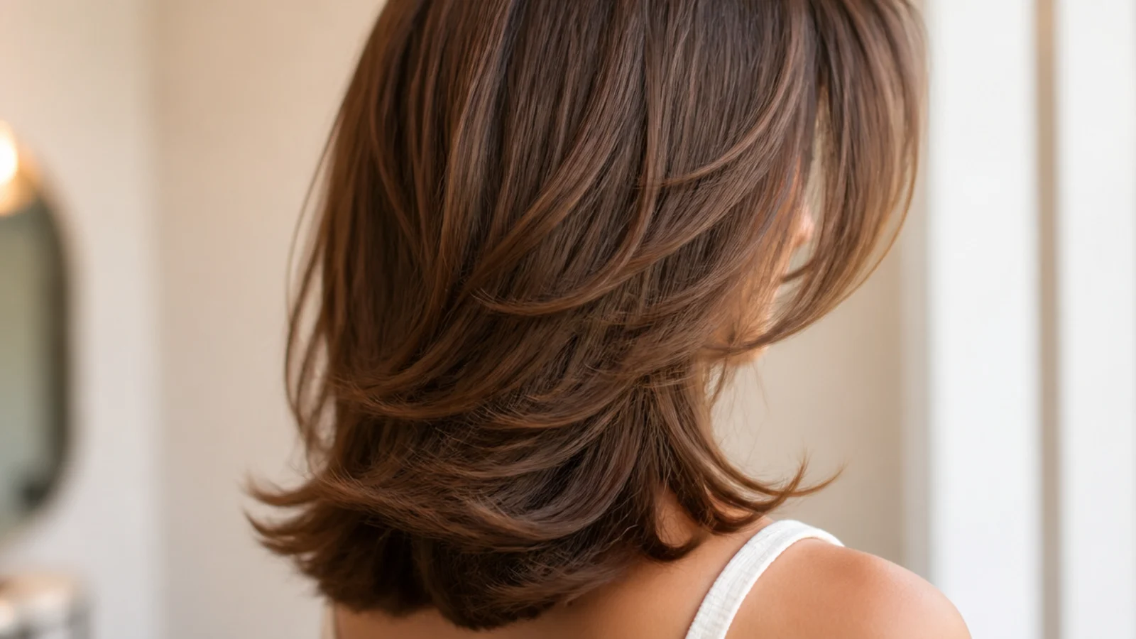 Mid length hair with bouncy 90s layers flicked back away from the face and blow-dried