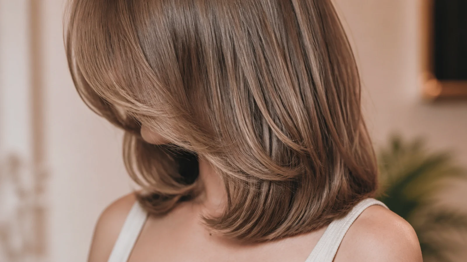 Mid length hair cut into a soft U-shaped perimeter with long rounded layers