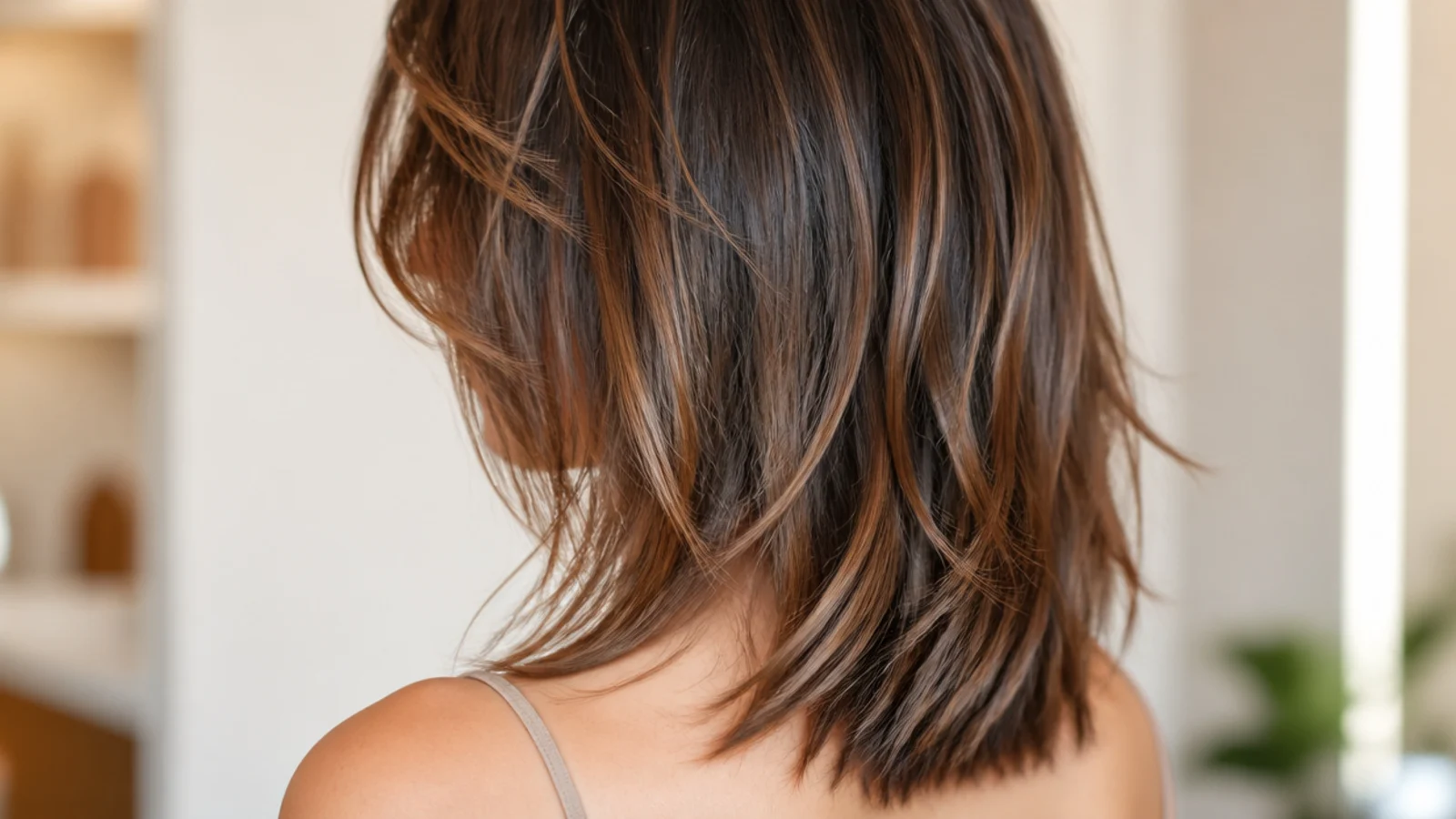 Mid length haircut with a V-shaped back perimeter and long tapered layers