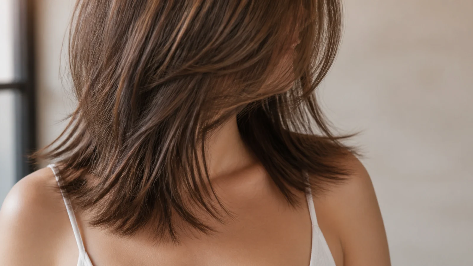Thick mid length hair with razored choppy layers and separated piecey ends