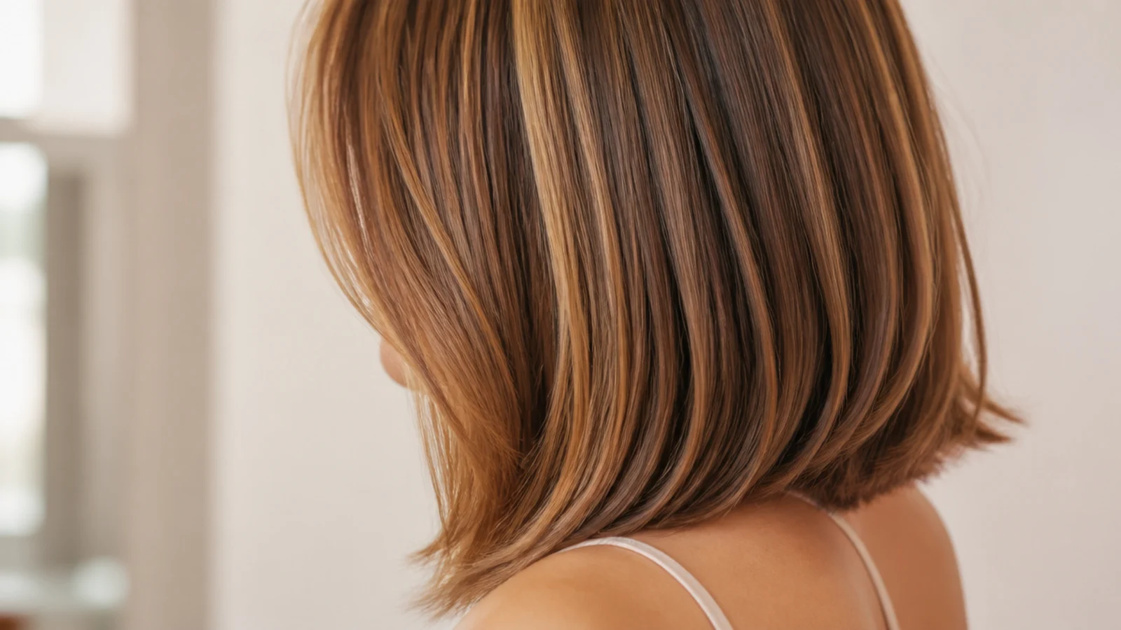 Blunt collarbone length haircut with hidden interior layers and a thick straight perimeter